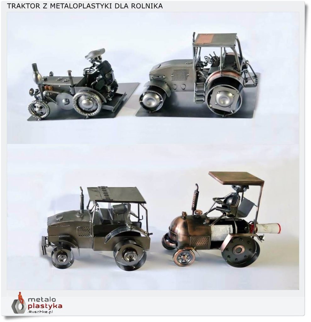 Cztery figurki traktorów wykonane z metaloplastyki na jasnym tle – od prostych modeli z metalowych elementów i nakrętek po dekoracyjny traktor z kierowcą i miejscem na butelkę wina.